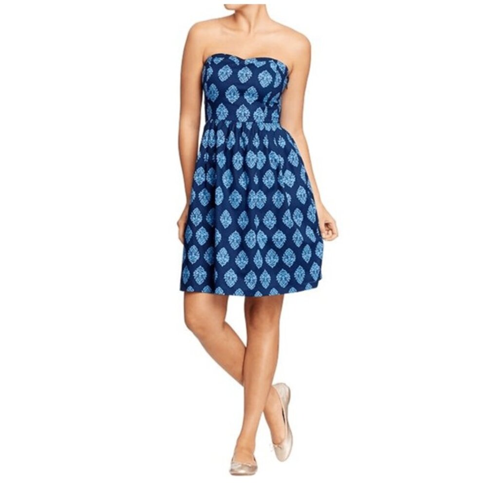 Old Navy Lightweight Blue Boho Print Strapless Sweetheart Neckline Dress Size 8